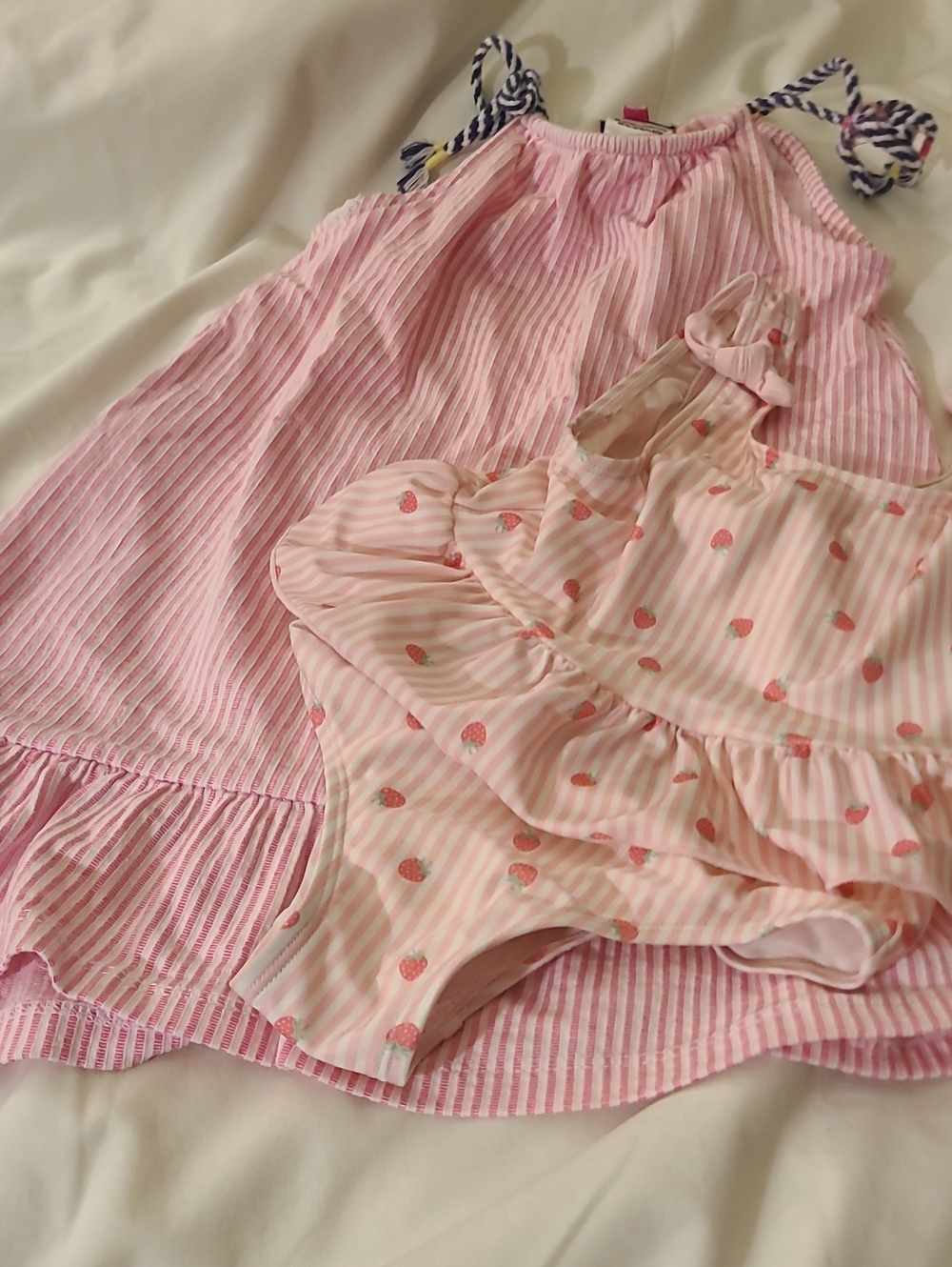 Kids Pink Stripe Dress & Strawberry Ruffle Swimsuit Matching Set
